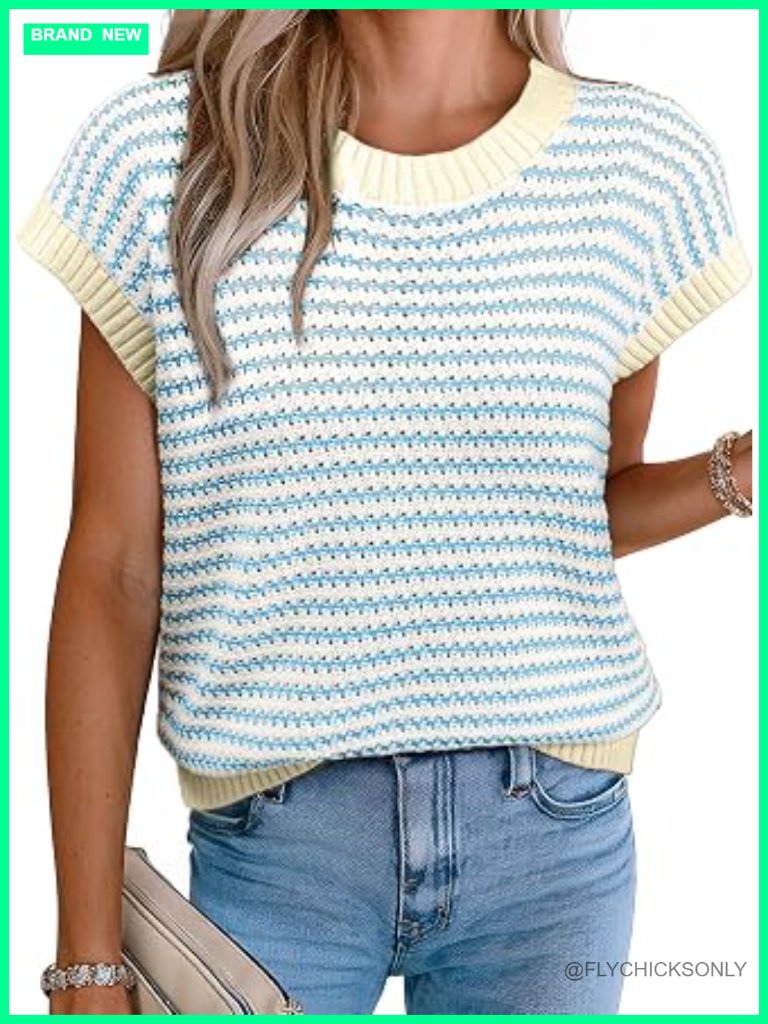 Striped Sweater Vest Cap Sleeve Pullover Lightweight Knit Vest